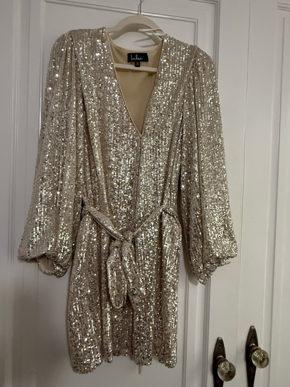 Lulu's Champagne Sequin V-Neck Mini Dress